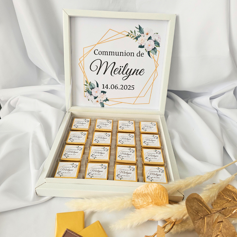 boite de chocolats personnalisée thème cadre fleuri communion mariage baptême